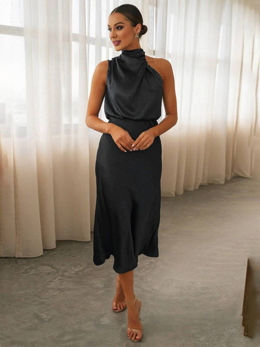 Zaprada long sleeveless irregular satin halter neck bridesmaid dress for elegant evening weddings
