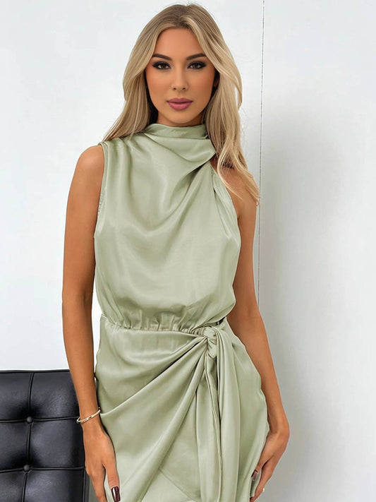 Zaprada short asymmetrical dress with belt, turtleneck, halter neck, sleeveless, elegant, formal, wedding guest, cocktail party