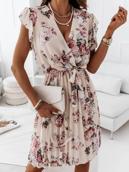 Zaprada mid-length floral V-neck pleated belted short-sleeved bohemian women's beach wedding guest dress