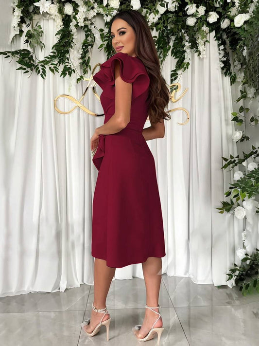 Zaprada short dress with irregular V-neck, short sleeves, layered ruffles, elegant women's fashion, wedding guest attire